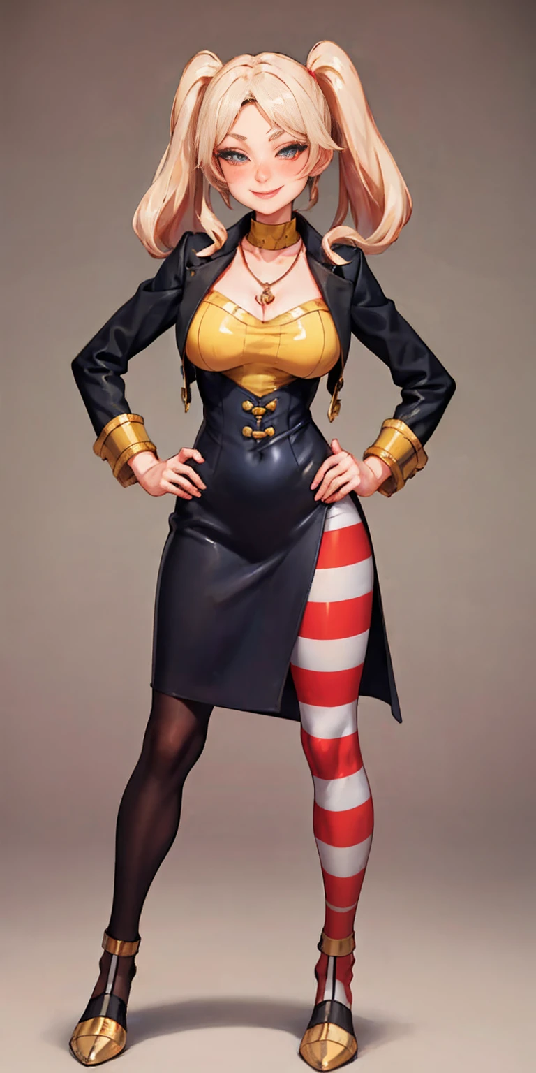 1solo Milf full body standing straight symmetrical, looking at viewer, hands on hips, twin drills twin tails, striped pantyhose, golden handcuffs on their hands with a black leather collar around the golden heart necklace, hands on hips, lustful smirking smile face red blushed