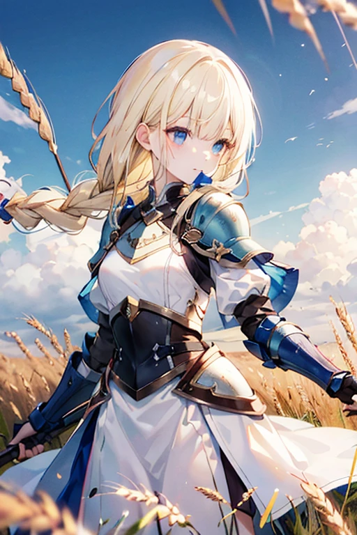 White clothes with blue trim、Blonde、blue eyes、Braided Hair、Hair in braids、Fair skin、The background is a wheat field、Shining wheat field、Daytime、Far and high sky、Hand guard、armor、long hair、