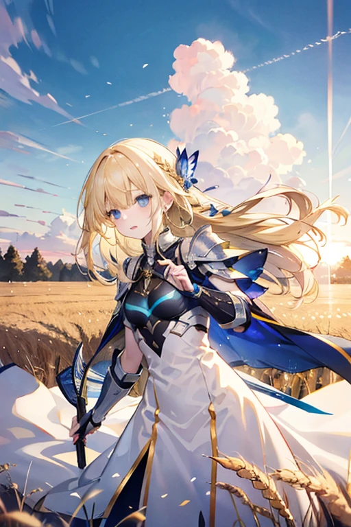 White clothes with blue trim、Blonde、blue eyes、Braided Hair、Hair in braids、Fair skin、The background is a wheat field、Shining wheat field、Daytime、Far and high sky、Hand guard、armor、long hair、