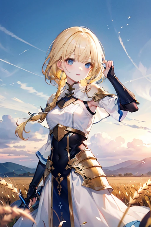 White clothes with blue trim、Blonde、blue eyes、Braided Hair、Hair in braids、Fair skin、The background is a wheat field、Shining wheat field、Daytime、Far and high sky、Hand guard、armor、long hair、