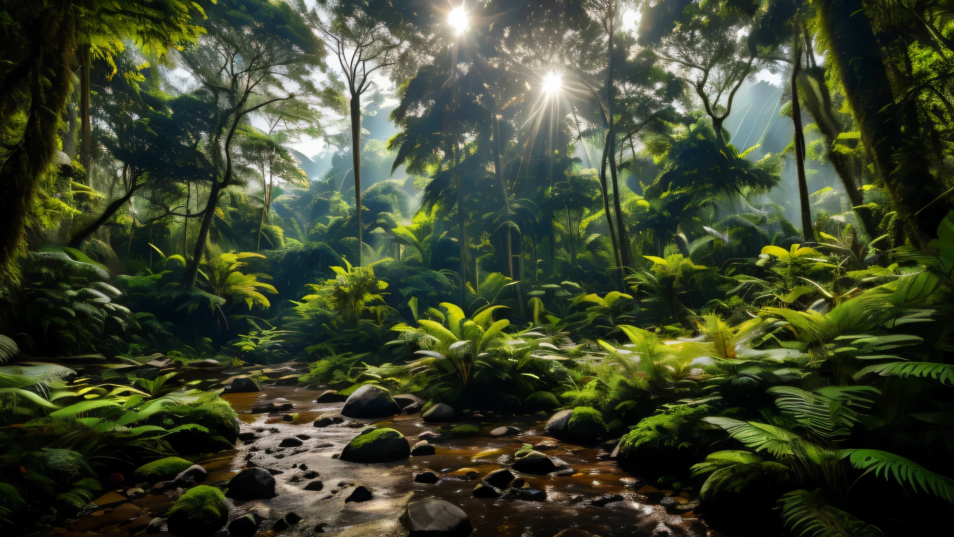 Sala de estar com vista para uma montanha e uma floresta, mountainous jungle setting, jungle setting, Como uma cena de Blade Runner, magical ambiance, pintura escura ultrarrealista, em um ambiente de selva, pleasant environment, floresta nublada, Selva bonita, ambiente mal-humorado, Selva exuberante, Inside an alien jungle, Plantas e selva, montanhas da floresta tropical, ambiente relaxante