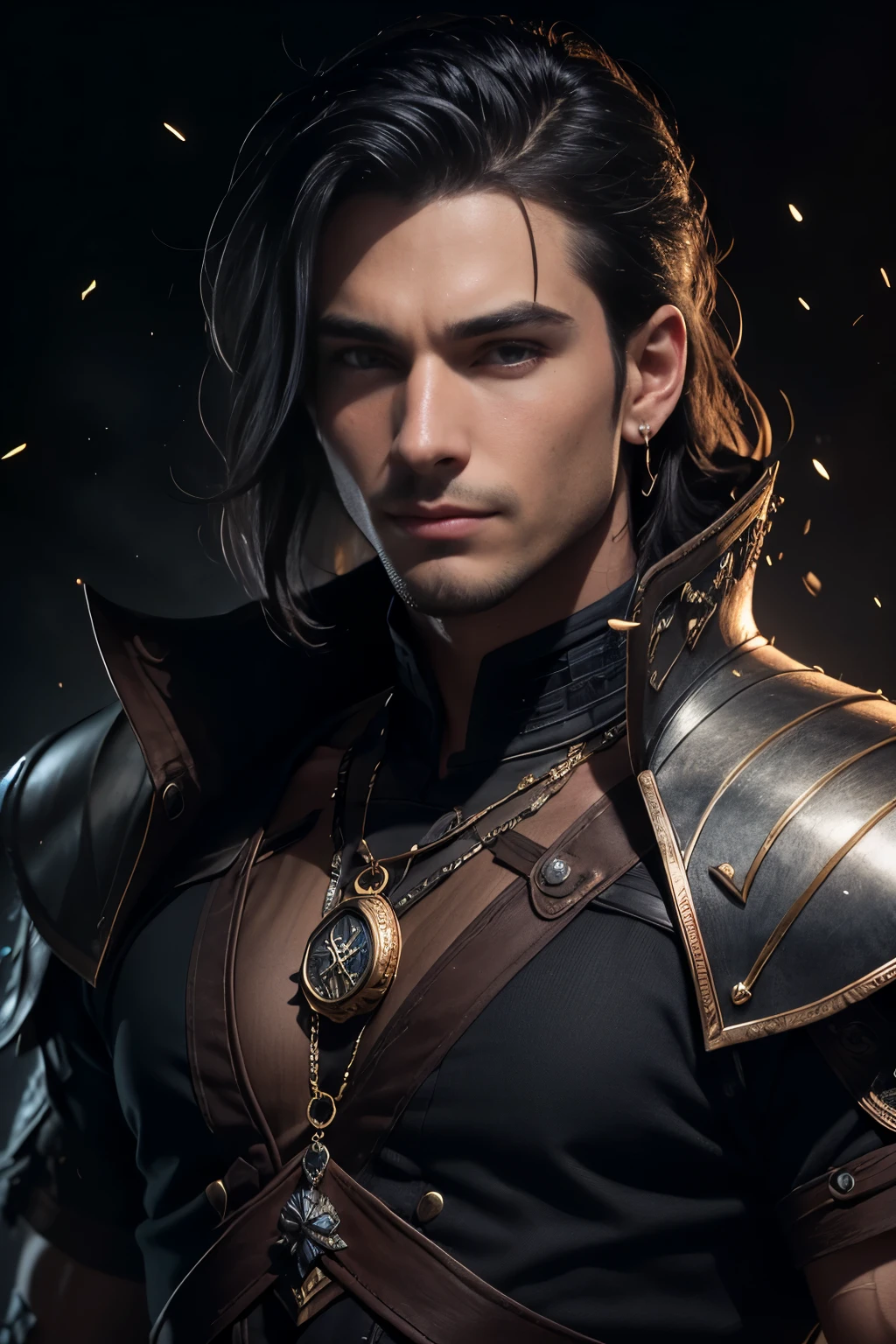 Portrait of a man, 1 male, 25yo, black hair, dark eyes, muscular, wearing dark medieval armor, piercings, ultra high resolution, detailed face, dynamic lighting, lights, volumetric light, realistic, intricate details, everything in razor sharp focus, solo, Photograph, masterwork, 12K, ultra-defined, intricate details, absurdres, hyper-detailed, dark fantasy, particle effects, head and shoulders, stubble, wearing onyx amulet, smirk expression
