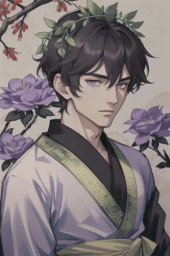 portrait, solo, upper body, looking at viewer, detailed background, detailed face, 1boy, (masculine:1.0) nymph, ethereal, nature-inspired, almond-shaped face shape,  cascading black hair, leafy attire, floral crown, serene expression, mystical feeling of the image, Man, purple eyes, wearing Chinese royal clothing or hanfu, Chinese royal background