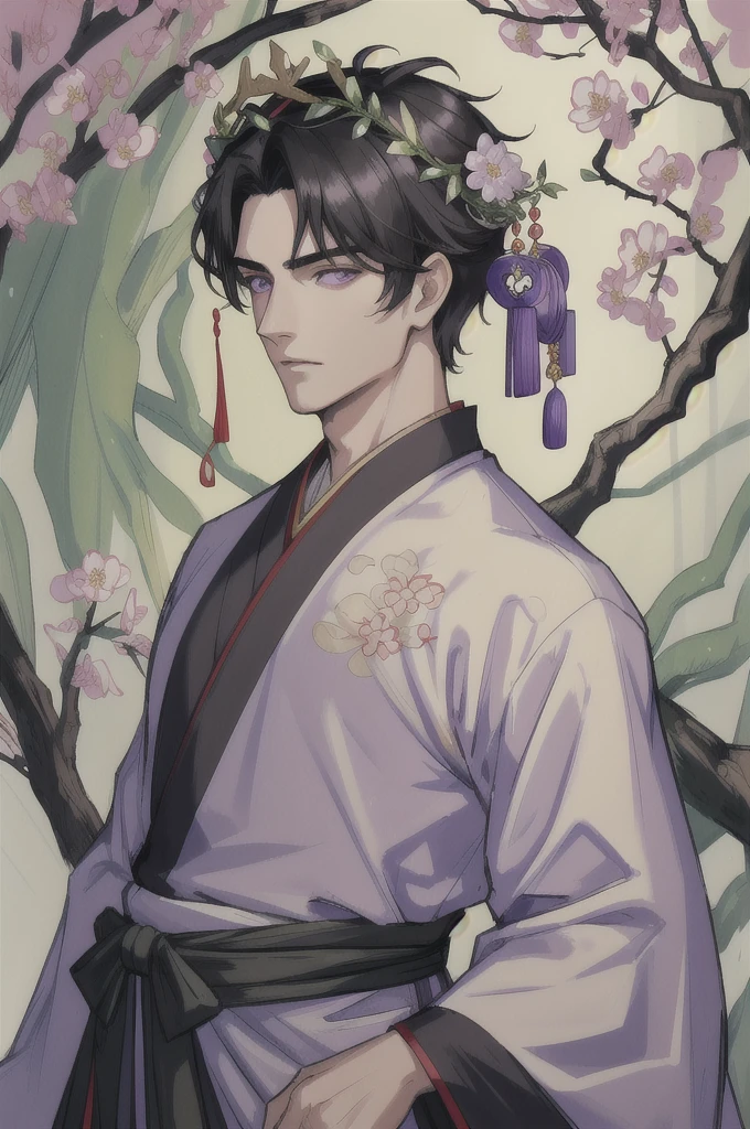 portrait, solo, upper body, looking at viewer, detailed background, detailed face, 1boy, (masculine:1.0) nymph, ethereal, nature-inspired, almond-shaped face shape,  cascading black hair, leafy attire, floral crown, serene expression, mystical feeling of the image, Man, purple eyes, wearing Chinese royal clothing or hanfu, Chinese royal background