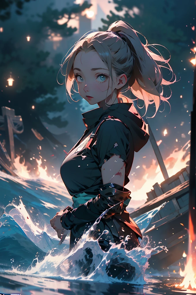 A lovely ninja has just survived a violent explosion, (she is battered, wide eyed, a little singed) floating on choppy water along with some debris, night, lit by a fire