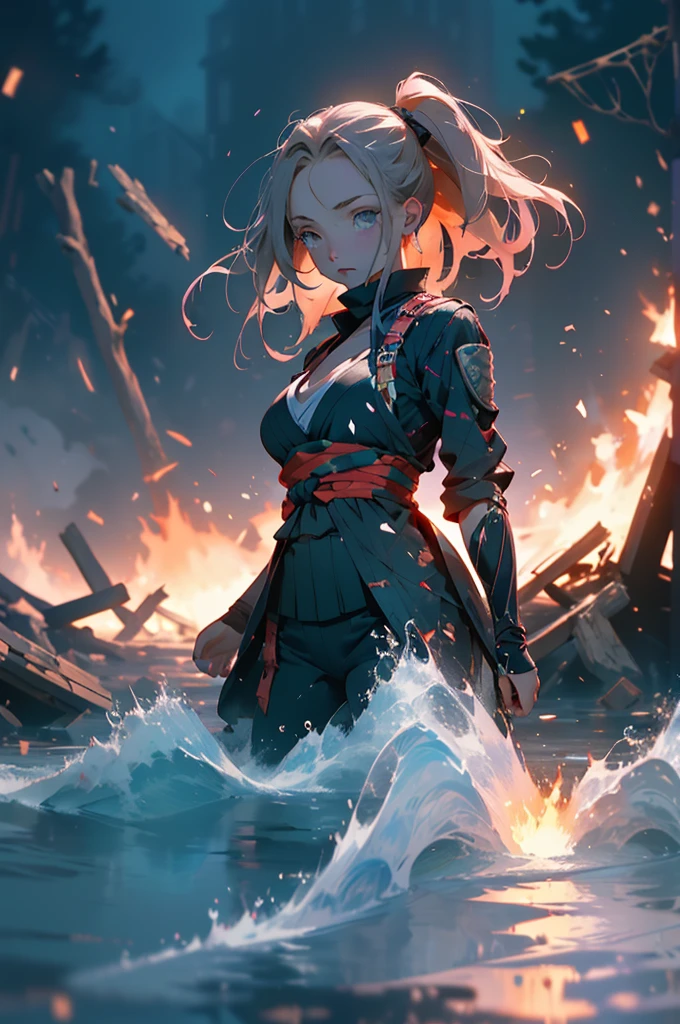 A lovely ninja has just survived a violent  explosion, (she is battered, wide eyed, a little singed) floating on choppy water along with some debris, night, lit by a fire