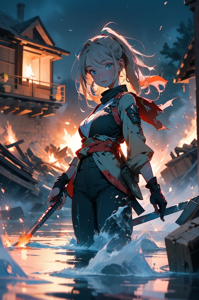 A lovely ninja has just survived a violent  explosion, (she is battered, wide eyed, a little singed) floating on choppy water along with some debris, night, lit by a fire