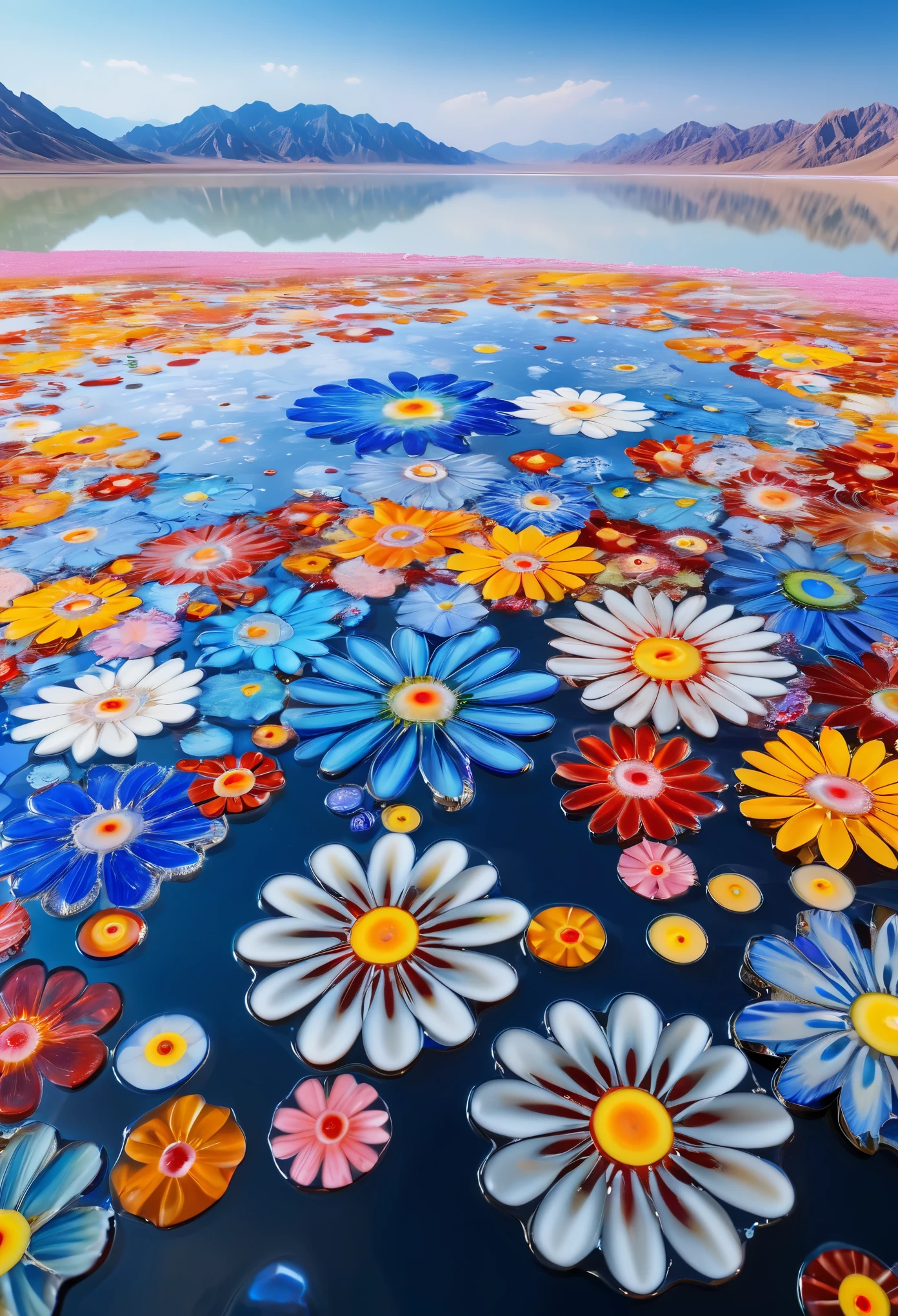 millefiori glass style,(best quality,4k,8k,highres,masterpiece:1.2),ultra-detailed,realistic,photorealistic:1.37,flawless,largest salt lake in China,magnificent view,captivating,huge expanse of water,glistening surface,reflecting the clear blue sky,beautiful colorful flowers,delicately floating,immaculate petals,dancing in the gentle breeze,award-winning artwork,recognized for its artistic excellence,praised for its creativity and craftsmanship,negative space,perfect balance with the main subject,highlighting the beauty and simplicity of the scene.