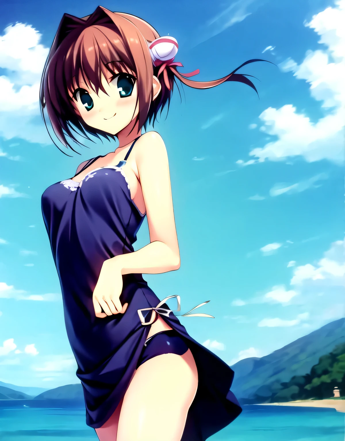 asakura_yume,Brown Hair,Medium Chest,Aqua Eye,White skin,((Swimwear section)),((Are standing)),smile,((breast enhancement)),(((Navy Blue_Camisole mid-length dress_Lap above))),((valley)),No bra,smile,