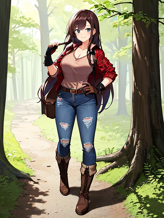 A Beautiful Girl, with (Lush, Long Dark-Brown Hair), (Big Beautiful Blue Eyes), Colossal Breasts, Thick Thighs, and a Very Curvy and mildly muscular Figure. She’s wearing a (Weathered and worn, Black-Leather-Jacket), a Red Shirt, (Heavily Worn, Dark-Blue Jeans), a Brown Leather Belt, and Black Fingerless Gloves. Standing In a confident pose with a soft grin. Exploring a Forest in the Mountains,
