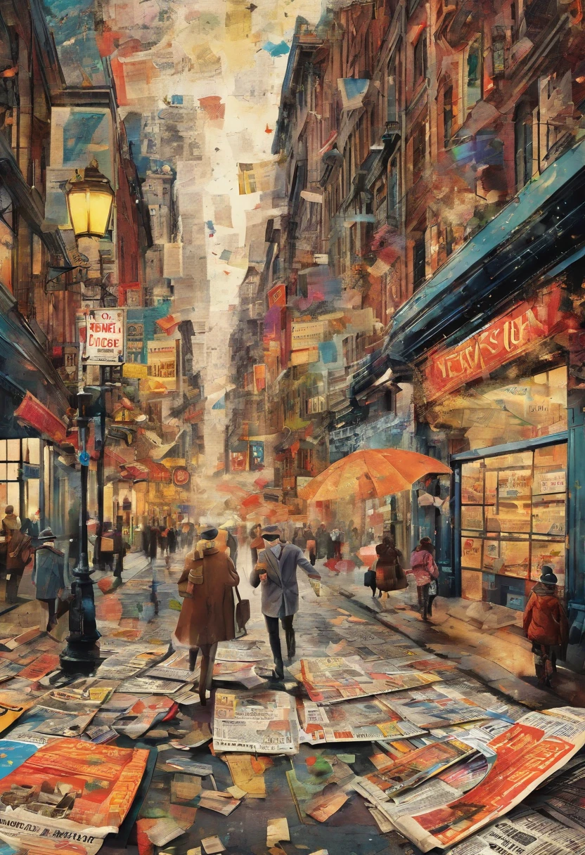 (best quality,4k,highres,masterpiece:1.2),ultra-detailed,"newspaper vendor running after the flying newspapers, trying to catch them",vibrant colors,film noir,energetic motion,expressive faces,newspapers scattered everywhere,leftover newspapers on the ground,chaotic and dynamic scene,retro 1950s fashion,a vintage newsstand,people on the street watching,lively city atmosphere,fast-paced action,beautifully illuminated streetlights