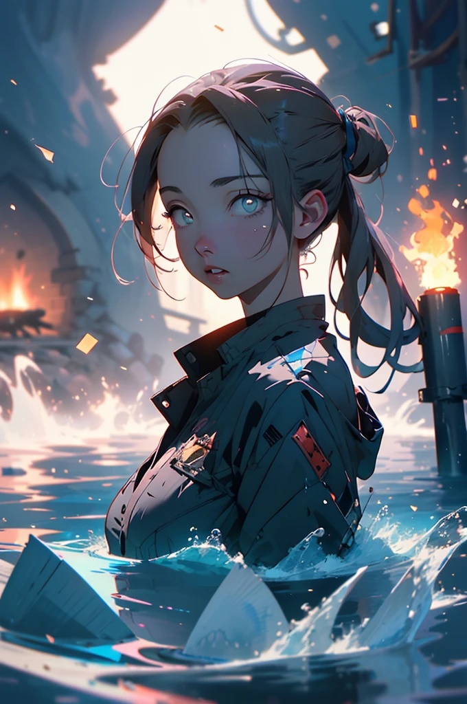 A lovely ninja, wide-eyed and a little singed, has just survived a violent explosion. She is floating on choppy water along with some debris, in the dark of the night, illuminated by a flickering fire. The scene captures the resilience and determination of the ninja as she emerges from the chaos and destruction. The artwork should showcase the intricate details of the ninja's expressive eyes, highlighting their beauty and intensity. The medium can be an illustration or a digitally rendered 3D artwork, emphasizing the depth and texture of the water and the floating debris. The image should be of the best quality, with ultra-detailed elements and a realistic, photorealistic rendering. The color palette should feature dark, intense tones, enhancing the atmosphere of the night and the flickering firelight. The lighting should be dramatic, with the fire casting dynamic shadows and illuminating the ninja's face and surroundings.