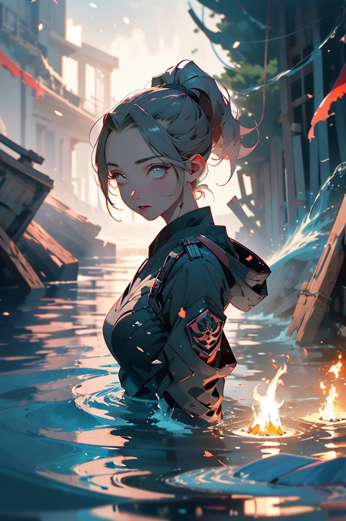 A lovely ninja, wide-eyed and a little singed, has just survived a violent explosion. She is floating on choppy water along with some debris, in the dark of the night, illuminated by a flickering fire. The scene captures the resilience and determination of the ninja as she emerges from the chaos and destruction. The artwork should showcase the intricate details of the ninja's expressive eyes, highlighting their beauty and intensity. The medium can be an illustration or a digitally rendered 3D artwork, emphasizing the depth and texture of the water and the floating debris. The image should be of the best quality, with ultra-detailed elements and a realistic, photorealistic rendering. The color palette should feature dark, intense tones, enhancing the atmosphere of the night and the flickering firelight. The lighting should be dramatic, with the fire casting dynamic shadows and illuminating the ninja's face and surroundings.