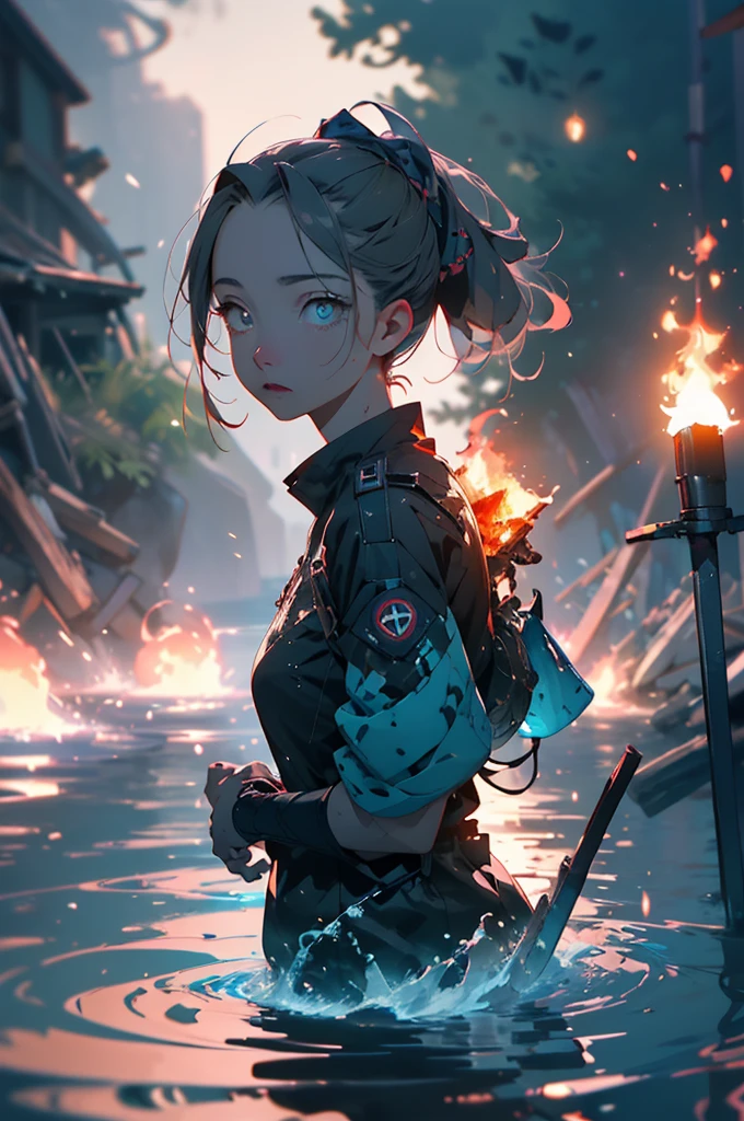 A lovely ninja, wide-eyed and a little singed, has just survived a violent explosion. She is floating on choppy water along with some debris, in the dark of the night, illuminated by a flickering fire. The scene captures the resilience and determination of the ninja as she emerges from the chaos and destruction. The artwork should showcase the intricate details of the ninja's expressive eyes, highlighting their beauty and intensity. The medium can be an illustration or a digitally rendered 3D artwork, emphasizing the depth and texture of the water and the floating debris. The image should be of the best quality, with ultra-detailed elements and a realistic, photorealistic rendering. The color palette should feature dark, intense tones, enhancing the atmosphere of the night and the flickering firelight. The lighting should be dramatic, with the fire casting dynamic shadows and illuminating the ninja's face and surroundings.