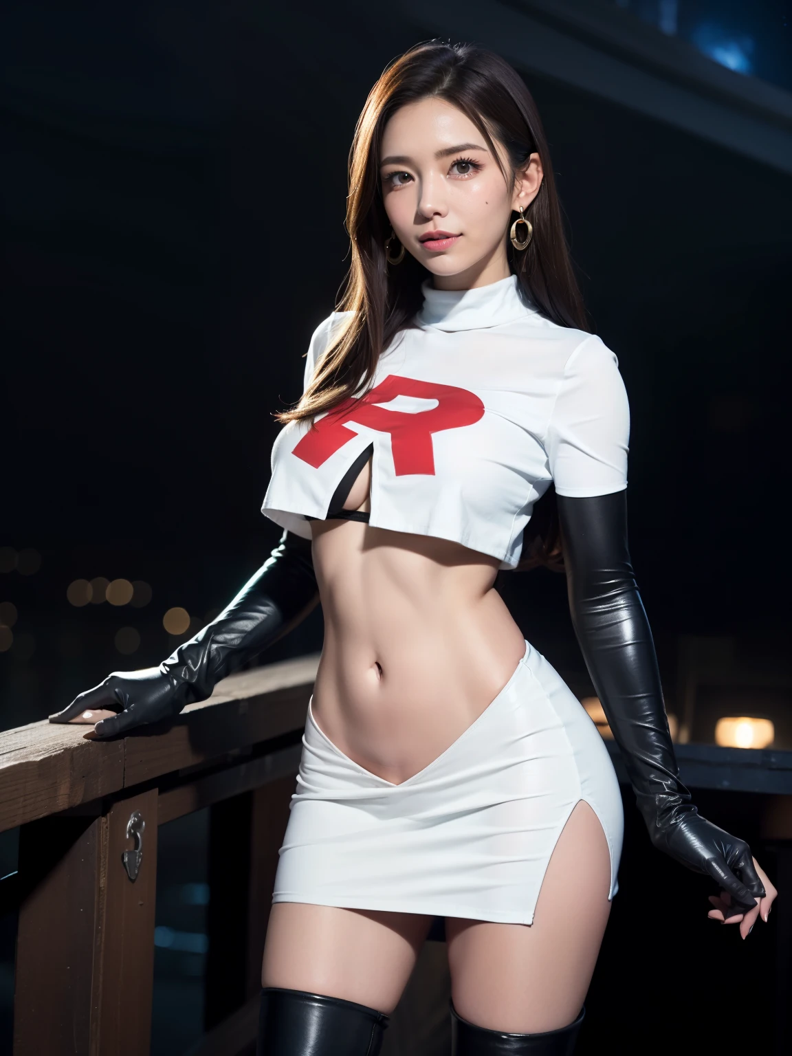 tiki fe, pointy ears ,earrings, glossy lips , Team rocket, team rocket uniform, red letter R, white skirt,white crop top,black thigh-high boots, black elbow gloves, evil smile, night sky background, earrings, large breasts, high-heeled boots
