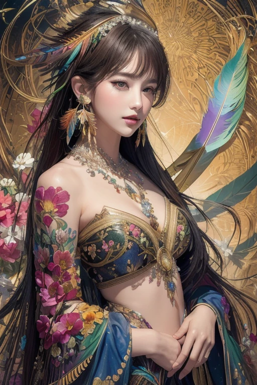 A girl with small breasts, bare shoulders, golden hair, colored feathers, metal ornaments, colored flowers, particles, light rayasterpiece, top quality, best quality, official art, beautiful and aesthetic:1.2), (1girl:1.3), extremely detailed,(fractal art:1.1),(colorful:1.1)(flowers:1.3),highest detailed,(zentangle:1.2), (dynamic pose), (abstract background:1.3), (shiny skin), (many colors :1.4), ,(earrings:1.4), (feathers:1.4)