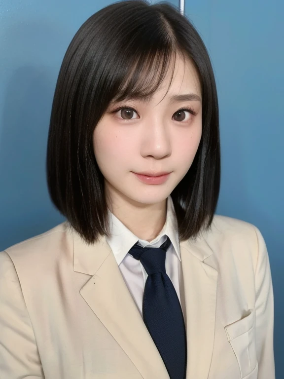 (kawaii 24 year-old Japanese girl, Nogizaka idol, Korean idol), (glossy black hair, very short hair, hair length must be symmetric:1.3), (rounded face, single eyelid, no makeup, serious expression:1.2), (wearing suit jacket, collared shirt, necktie:1.3), (extra small breasts:0.9), (looking at viewer:1.2), BREAK, (simple blue background, yearbook background:1.3), (portrait, id photo, bust shot, view from vertically straight forward:1.3), BREAK, (masterpiece, best quality, photo realistic, official art:1.4), (UHD, 8K quality wallpaper, high resolution, raw photo, golden ratio:1.3), (shiny skin), professional lighting, physically based rendering, award winning, (highly detailed skin, extremely detailed face and eyes), Carl Zeiss 85 mm F/1.4, depth of field, 1girl, solo,