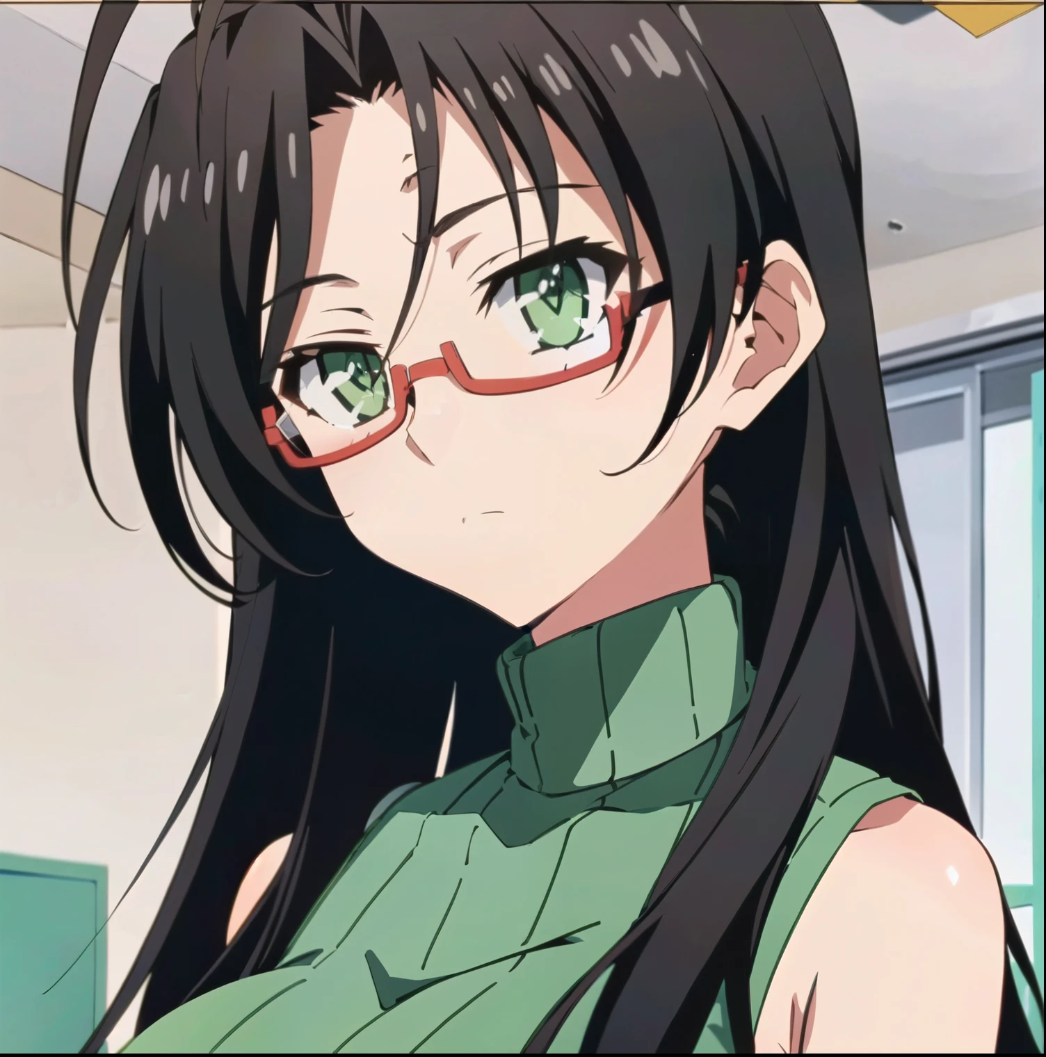 Chisato Hasegawa, 1girl, solo, glasses, antenna hair, long hair, black hair, green turtleneck, red-framed eyewear, green eyes, sleeveless, sweater, breasts, sleeveless turtleneck, bare shoulders, ribbed sweater, large breasts, green shirt, semi-rimless eyewear, indoors, from below, (masterpiece, Best Quality, Extremely Detailed, Ultra Quality, 4k)