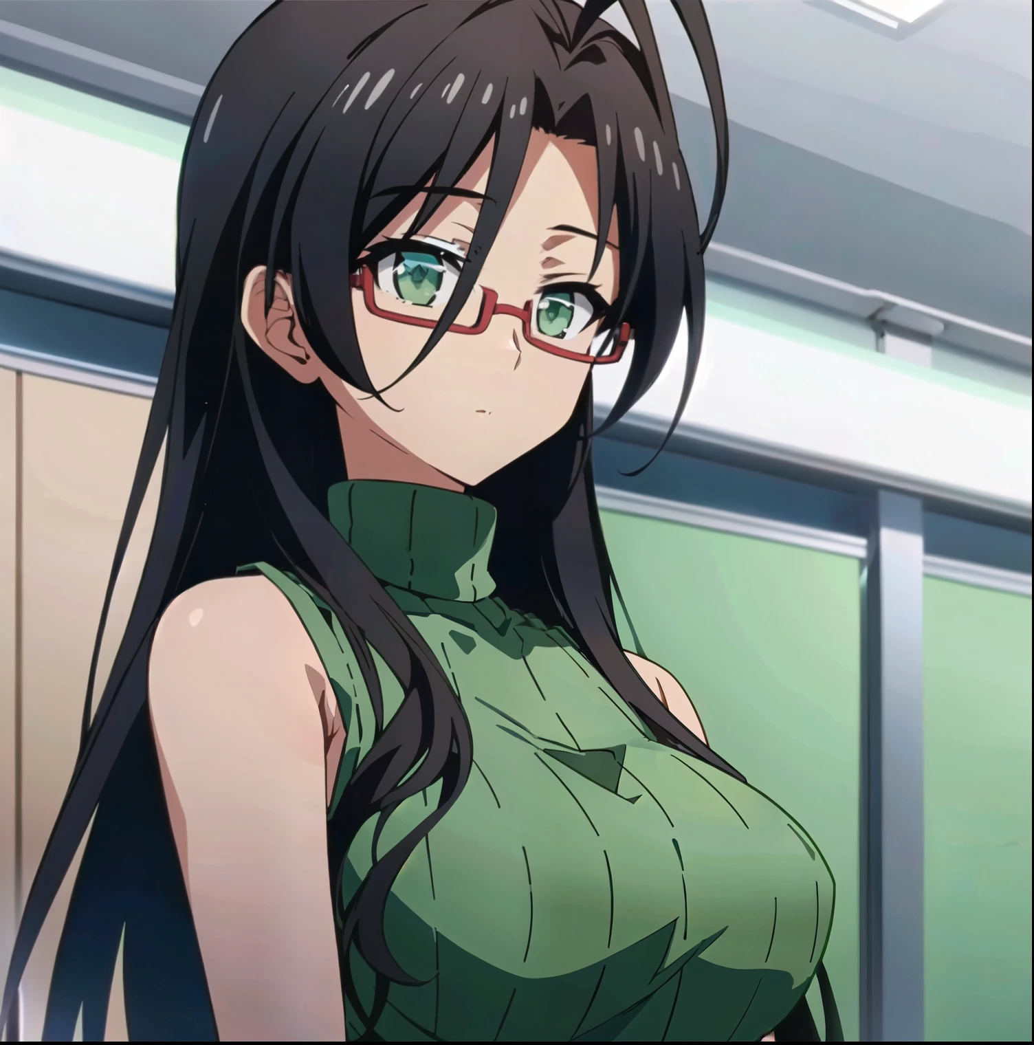 Chisato Hasegawa, 1girl, solo, glasses, antenna hair, long hair, black hair, green turtleneck, red-framed eyewear, green eyes, sleeveless, sweater, breasts, sleeveless turtleneck, bare shoulders, ribbed sweater, large breasts, green shirt, semi-rimless eyewear, indoors, from below, (masterpiece, Best Quality, Extremely Detailed, Ultra Quality, 4k)