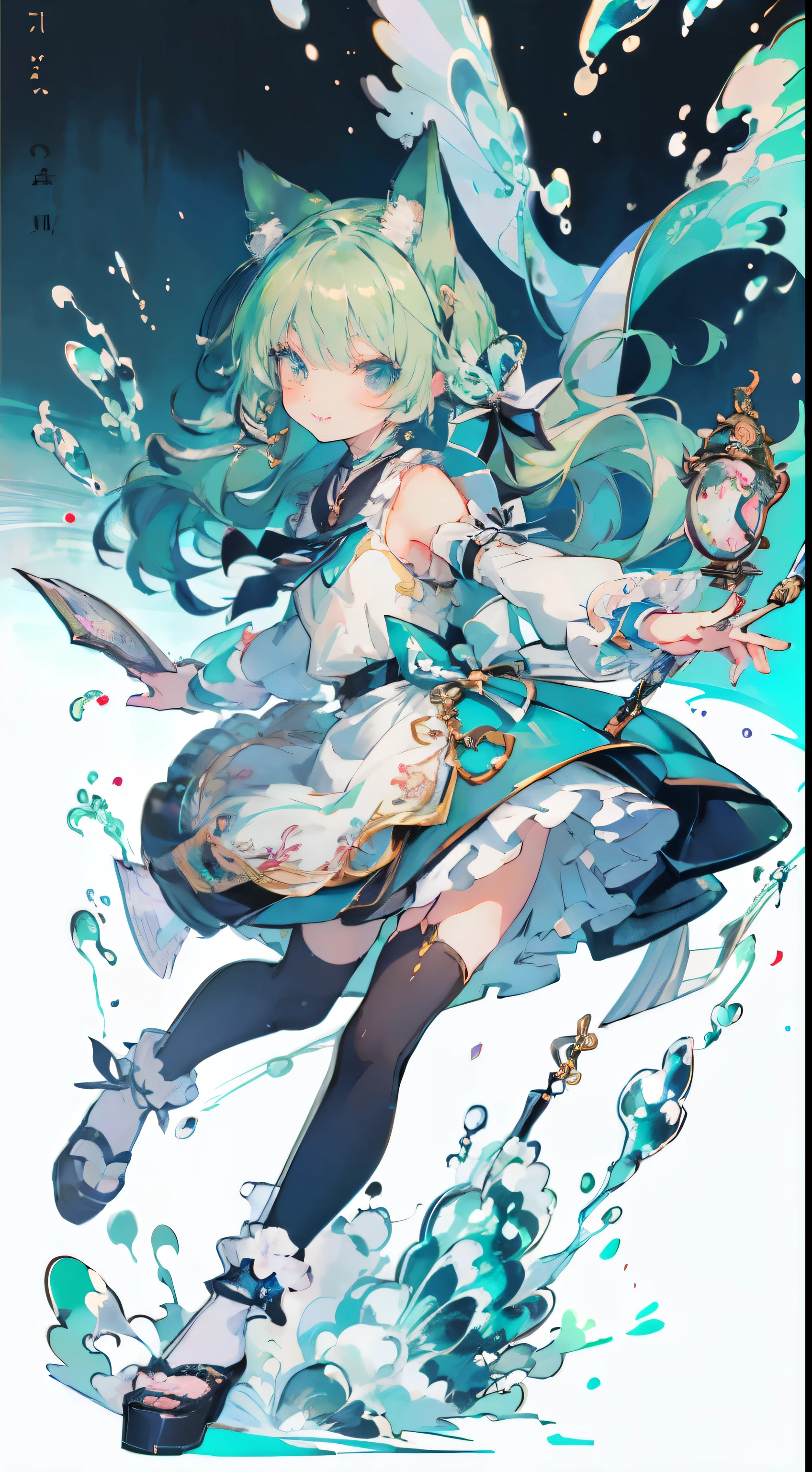 ((Tabletop, highest quality: 1.1), ((Anime girl in a blue dress holding a magic wand)), Art Nouveau、Anime Cat girl wearing a maid costume, , ((Green hairs))、Long-haired person、((Eyes that shine like jewels, Long eyelashes, Transparency))、Very Beautiful Anime Cat girl, anime cat girl, ((White knee-high socks)), Attractive cat girl, I&#39;At the candy store,Inspired by Leiko Ikemura, Takano Aya color style, in ryuuou no oshigoto art style, Cat girl, Someone you admire, rei hiroe、smile