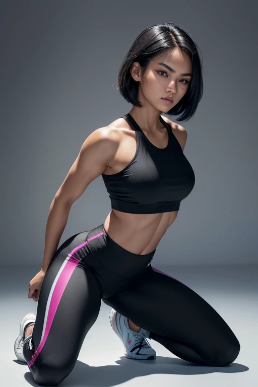 (ultra high definition), (ultra high definition), (full sharpness), (maximum quality), (Cinematic), (8k), ((Filipina woman)), ((extremely beautiful)), ((25 years old)), (alone), ((full body)), (ultra detailed face), (ultra detailed eyes), (ultra realist eyes), (athletic body), (delicate hands), (very detailed hands), (studio lighting), ((front view)), (confident half-smile), (soft skin), (very small breasts), (very big ass), (natural tan skin), (unique), (short raven-black hair), (totally realistic), ((always the same face)), ((repeat always the same face)), ((fierce and determined look)), ((always the same body)), ((always the same proportions)), ((showcases her athletic and agile physique)), ((looking at the camera)), ((wearing crop top and leggings)), (kneeling), (from behind)