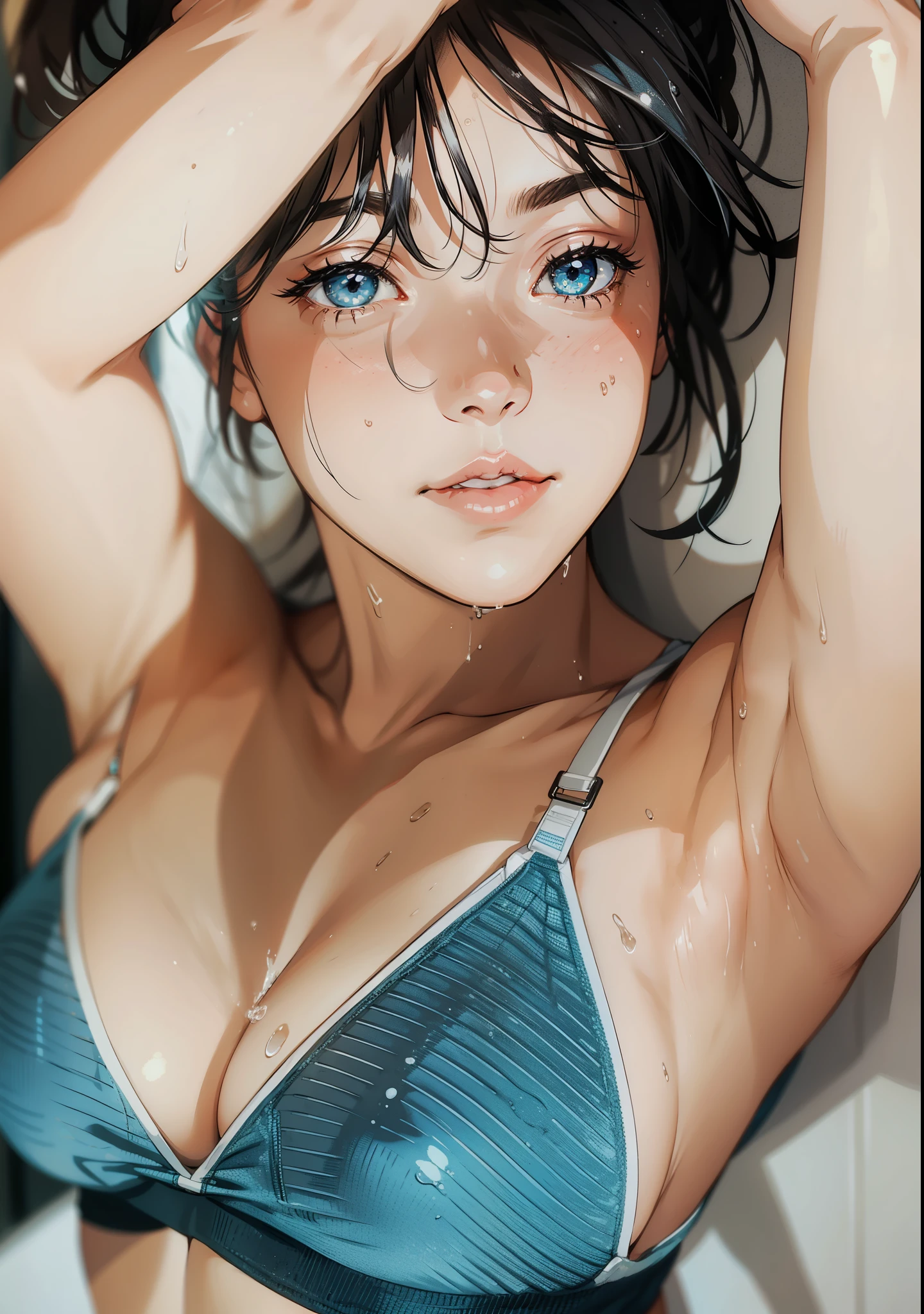 girl, sweat, medium breast, shy, detailed hand, looking at viewer, dynamic shadows, slight smile