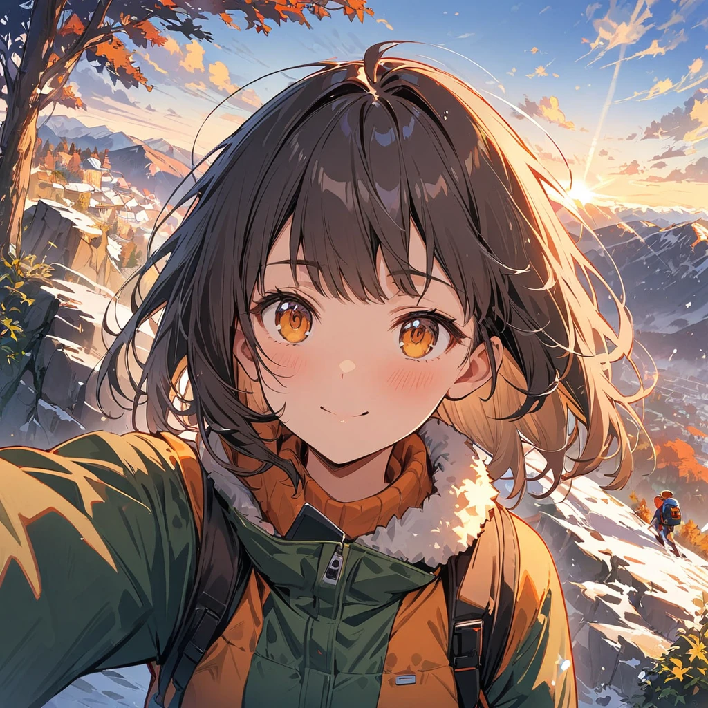 highest quality, masterpiece, Highly detailed background, Majestic Mountain々Back view of a girl climbing a hill, Taking a selfie with an action camera, ((Winter climber style clothing)), A person stretching out in the sunlight shining through the mountaintop, Beautiful landscapes in earth tones, A hopeful view, Expressions that give viewers a gentle feeling, Focusing on the landscape、Make portrait smaller..