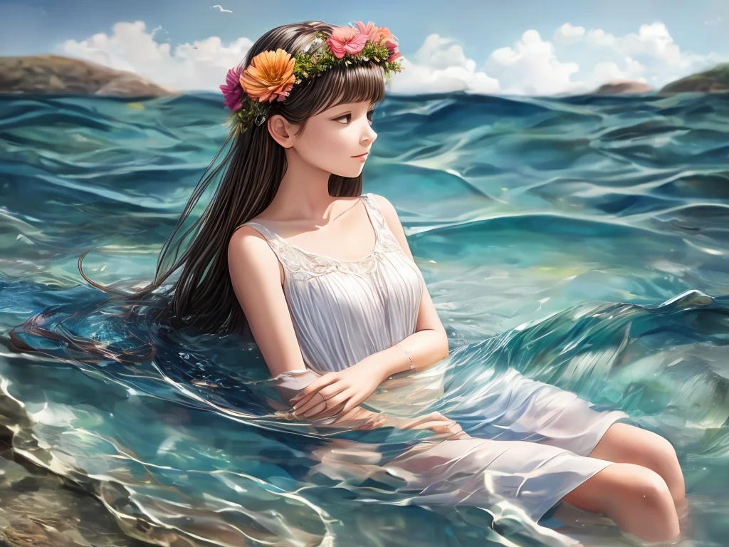 (high-definition,4K,8K,high resolution,masterpiece:1.2),(Ultra Detail,real and realistic,Photorealistic:1.37),Portrait,Landscape painting,Girl floating in the air in the middle of the water,Soft breeze!,Transparent water surface,A calm lake with ripples,A girl with an elegant look,Attractive and gorgeous eyes,Delicately drawn lips,Hair with flower crown,Long eyelashes,Bright and beautiful visual effects,Clothing with intricate details,The way water reflects light,Calm and relaxed scene,Dreamy Environment,Bright colors of water waves,indirect lighting。