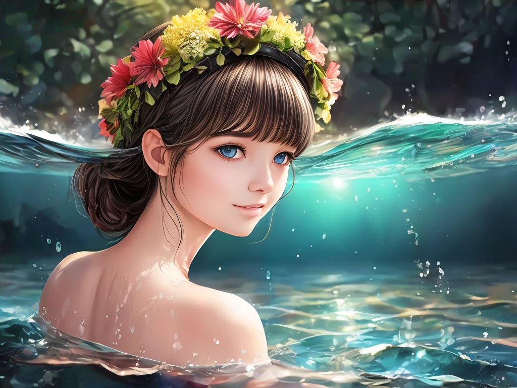 (high-definition,4K,8K,high resolution,masterpiece:1.2),(Ultra Detail,real and realistic,Photorealistic:1.37),Portrait,Landscape painting,Girl floating in the air in the middle of the water,Soft breeze！,Transparent water surface,A calm lake with ripples,A girl with an elegant look,Attractive and gorgeous eyes,Delicately drawn lips,Hair with flower crown,Long eyelashes,Bright and beautiful visual effects,Clothing with intricate details,The way water reflects light,Calm and relaxed scene,Dreamy Environment,Bright colors of water waves,indirect lighting。