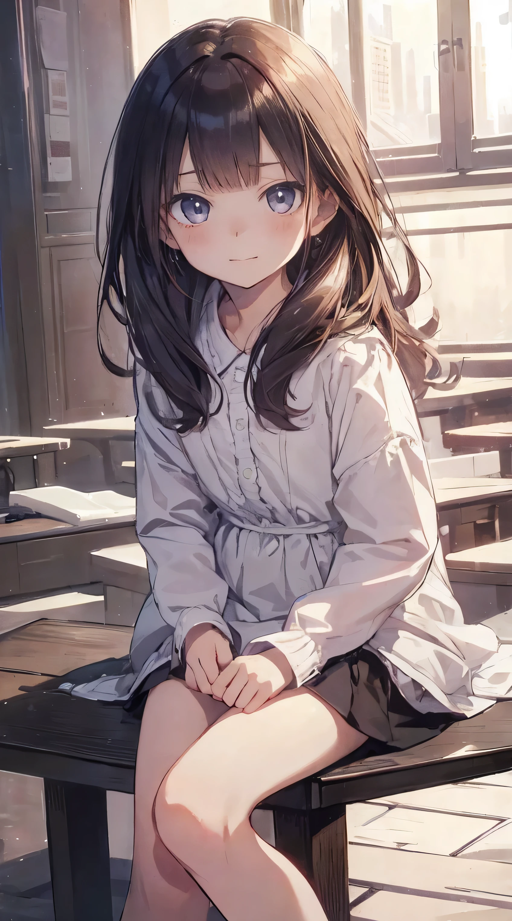 Masterpiece、Highest quality、highest quality、(((Lori)))、 ((((Petite))))、Shiny hair quality、Small face、Sitting、Super detailed, beautiful, wide eyes、Ultra-detailed, clear and beautiful faces、(cute illustration:1.2), High-resolution, ultra-detailed, best quality, embarrassed
