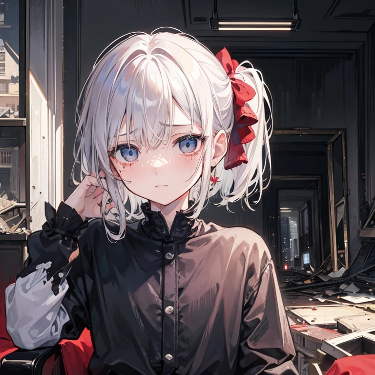 A sad , sad eyes, is almost crying, (expression of fear), shy face, 10 years old, realistic, (city in ruins), sitting on top of a torn old armchair, face turned to the left side, short platinum hair messy,  hair tied with red bows, detailed face, with freckles, masterpiece,