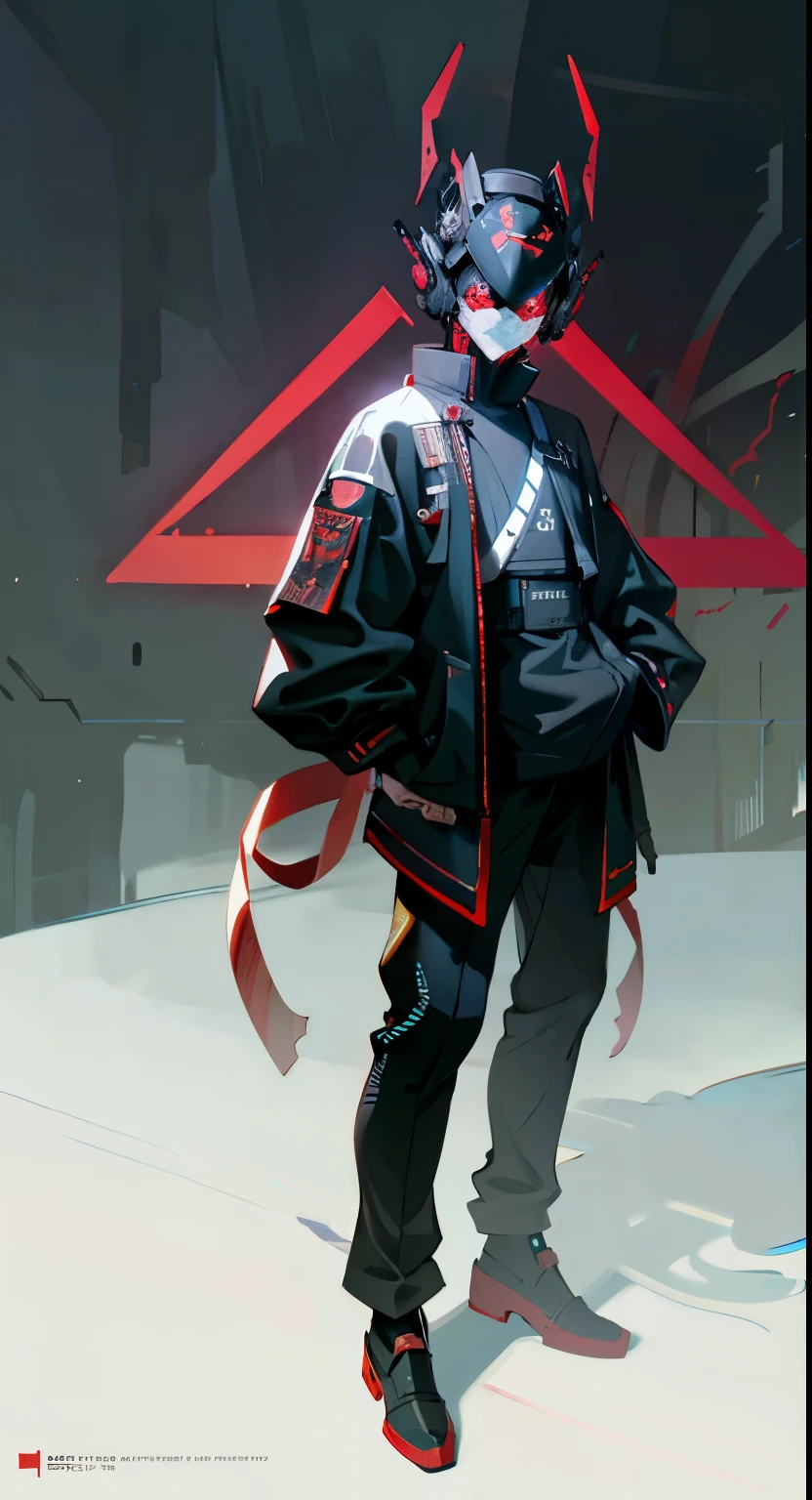 masterpiece, best quality, A close-up shot of a futuristic boy,China is black and impermanent,The traditional image of Hei Wuchang,Tradition meets modernity,Chinese style,Wearing a fantastic cyber helmet,Red triangle LED light and halo on the helmet, Wearing a black Techwear jacket with "Peace in the World" written on it, Full body white background