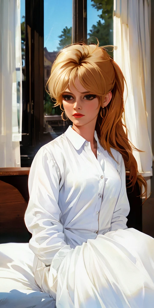 a Realistic Full Portrait of a Brigitte Bardot woman with long blonde hair and dark eye makeup, Beautiful, Detailed face, Perfect Eyes, (highly detailed skin:1.1), ((wearing a white shirt)), sitting on a bed, window, curtains waving, sunny sky outside the window, (8K, best quality:1.2), (masterpiece:1.37), (photorealistic:1.2), (ultra realistic:1.2), (high contrast:1.1), (intense:1.1), (detailed:1.1), (perfect body:1.1), (dynamic pose:1.1), (highest quality, by Alessandro Casagrande, Greg Rutkowski, Sally Mann, concept art), (analog:1.2), (high sharpness), real shadow, 3d, (by Michelangelo), photographed by Canon EOS R6, 135mm, 1/1250s, f/2.8, ISO 400