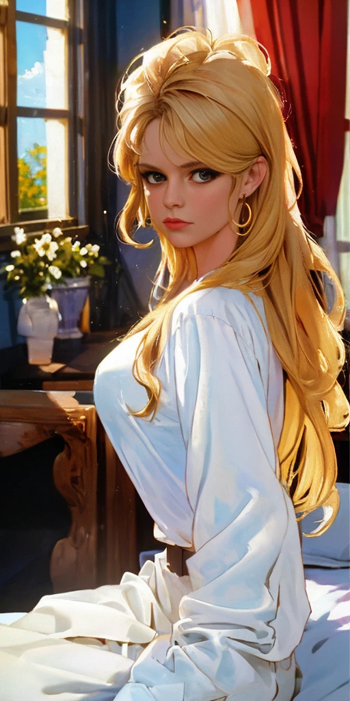 a Realistic Full Portrait of a Brigitte Bardot woman with long blonde hair and dark eye makeup, Beautiful, Detailed face, Perfect Eyes, (highly detailed skin:1.1), ((wearing a white shirt)), sitting on a bed, window, curtains waving, sunny sky outside the window, (8K, best quality:1.2), (masterpiece:1.37), (photorealistic:1.2), (ultra realistic:1.2), (high contrast:1.1), (intense:1.1), (detailed:1.1), (perfect body:1.1), (dynamic pose:1.1), (highest quality, by Alessandro Casagrande, Greg Rutkowski, Sally Mann, concept art), (analog:1.2), (high sharpness), real shadow, 3d, (by Michelangelo), photographed by Canon EOS R6, 135mm, 1/1250s, f/2.8, ISO 400