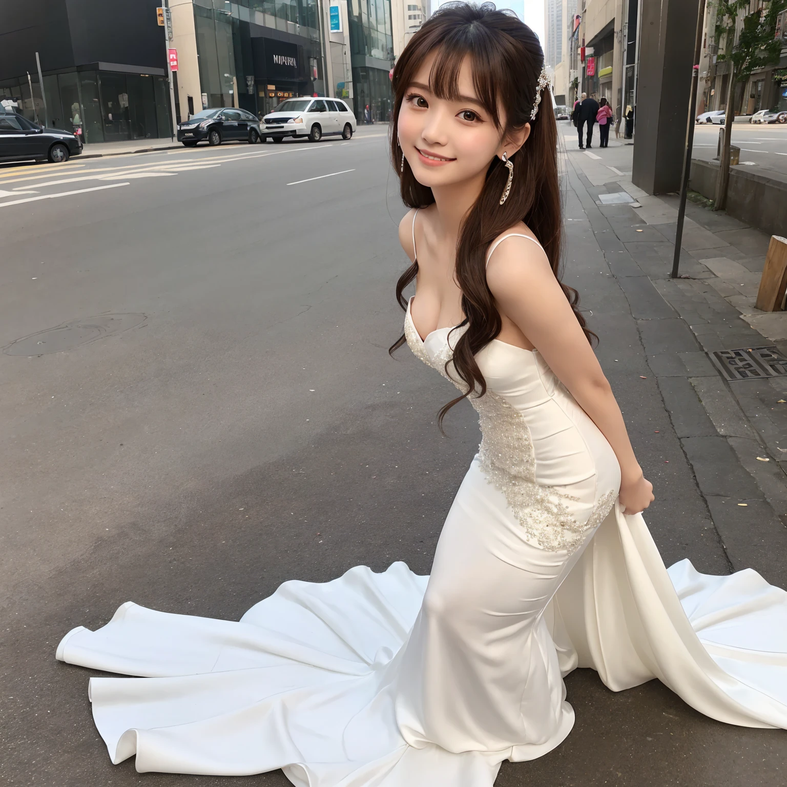 18-year-old、(Brown bangs and long hair,Earrings,Beautiful eye makeup、Side Hair、、Small face、smile、Break、Wedding dress、whole body、(マーメイドラインのWedding dress)From shoulder to knee, Along the lines of the body、Flared hem from knee to hem for a mermaid look.、whole body、I can see her 、Break City、Skyscraper,