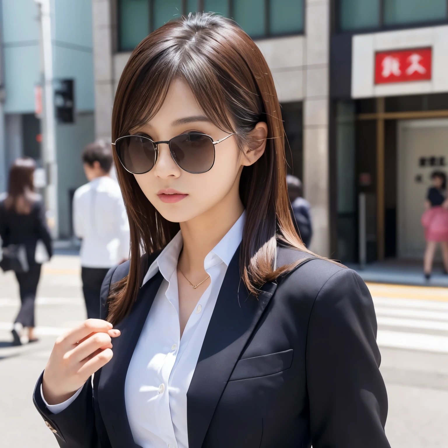 Best-quality, Masterpiece, Ultra-High-Resolution, (Photorealistic:1.4), Raw-Photo, 1girl, 18-years-old, the most famous Japanese actress, sunny-day, walking at HIROSHIMA street, wearing extremely luxurious businesssuit and sunglasses with stylish-design, ((extremely beautiful face like the most popular Japanese actress, extremely beautiful hair, extremely beautiful lips, extremely beautiful skins)), perfect proportion, detailed sunny-day, detailed HIROSHIMA-street, detailed extremely-luxurious-business-suit