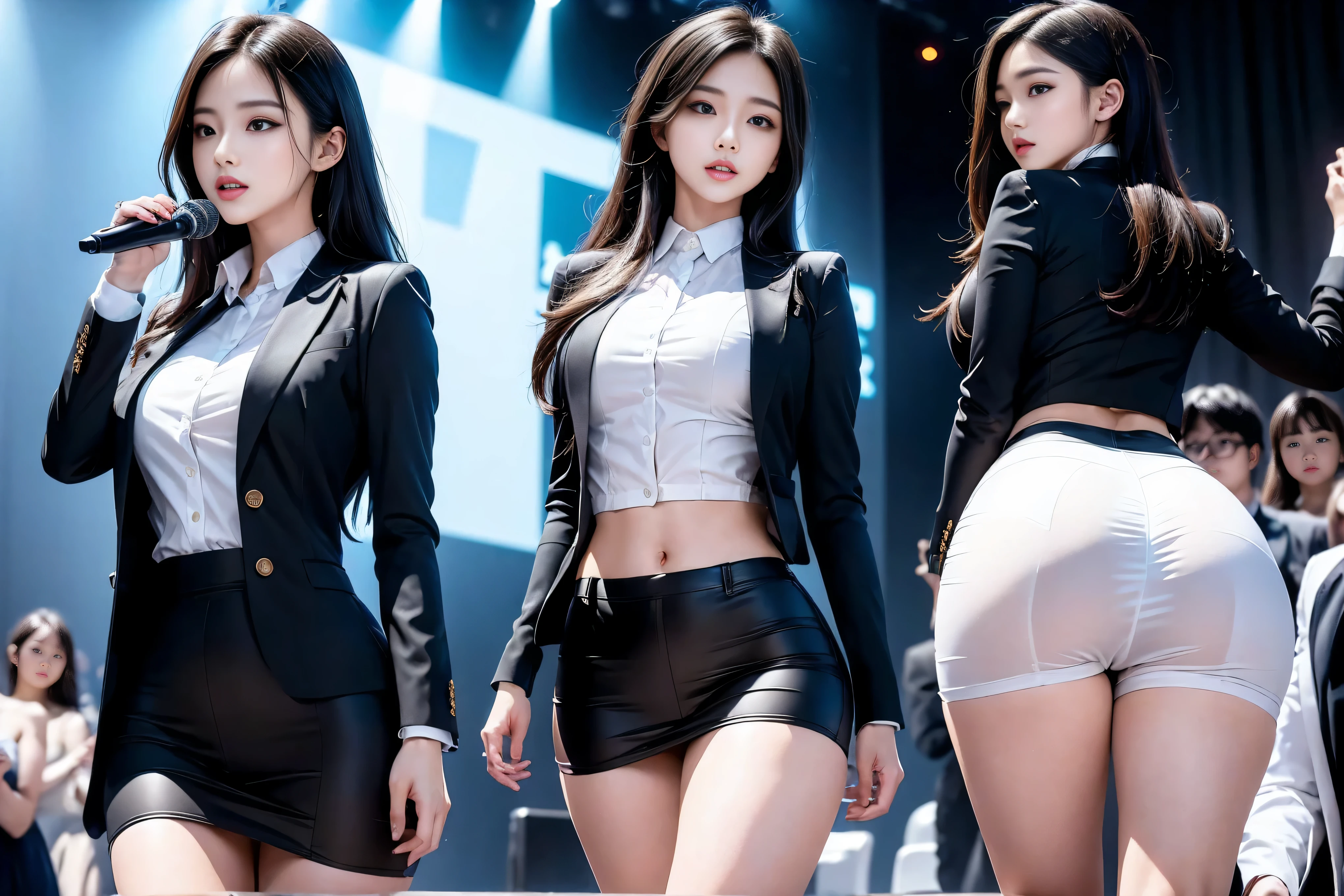 (8k,Highest Quality,masterpiece,practical,Super detailed:1.3),(1 girl,Beautiful Korean girl, Korean pop idol),(Black suit jacket:1.2),(White skinny trousers:1.1),(Serious expression:1.2)discuss,(speech,Handheld Microphone:1.2)(crowd,audience:1.3),Sexy long legs, (Thigh gap:1.5),Wide hips,S-Shaped Body, Hips lifted,,black hair,(Ass Focus:1.1)Shot from behind