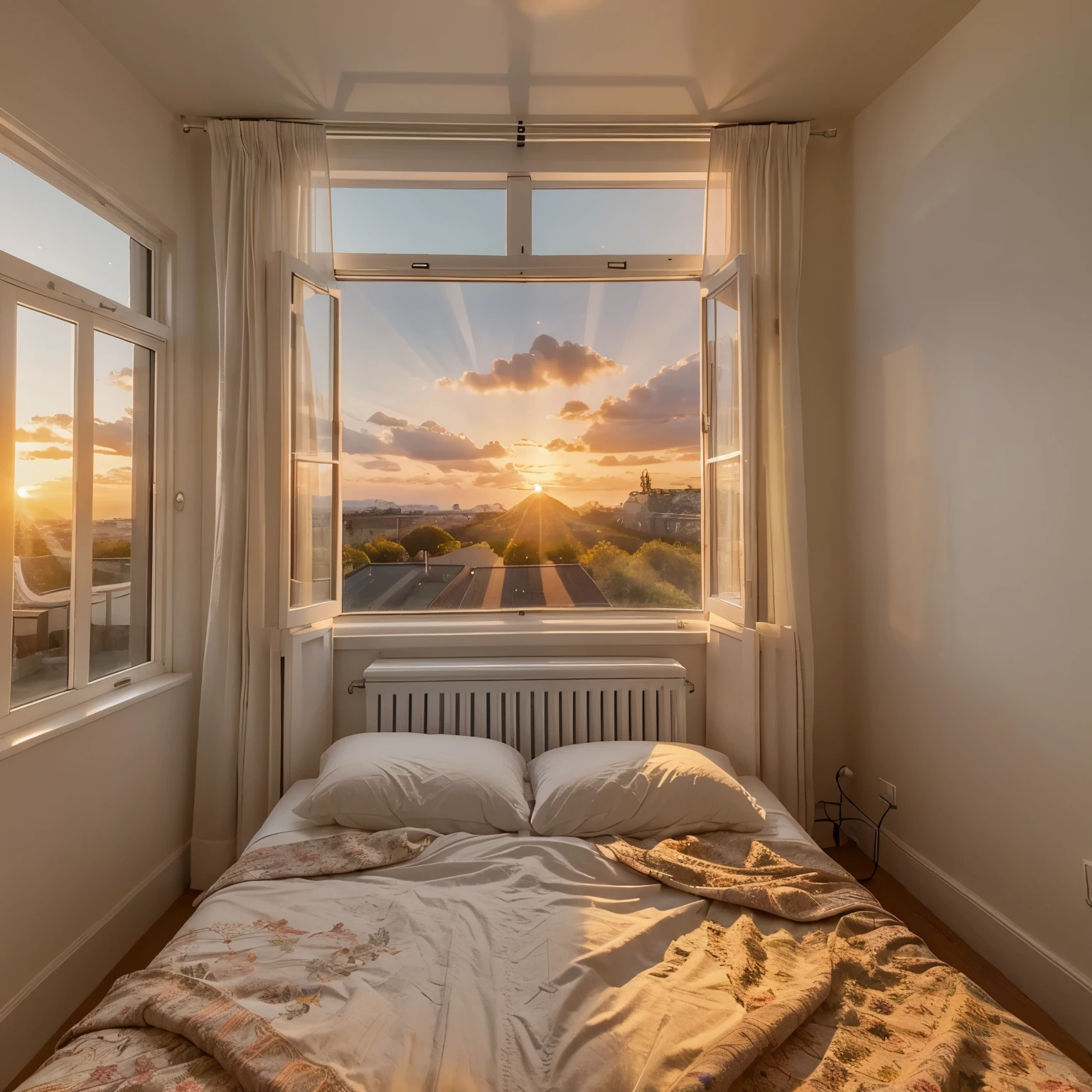 Fairy scene bedroom, sunset, big window with see through white curtains, a bed beside the big window, with warm color 