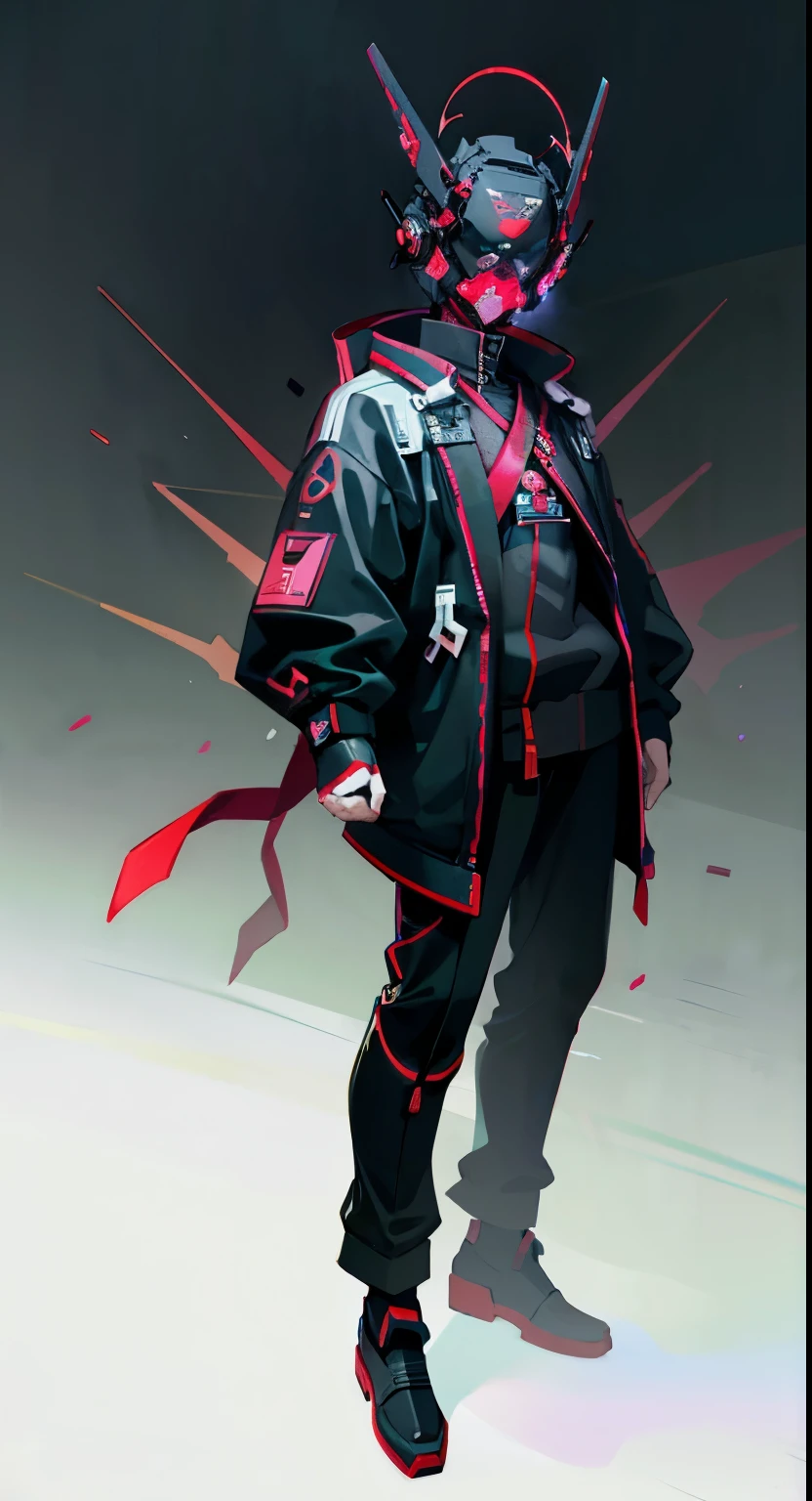 masterpiece, best quality, A close-up shot of a futuristic boy，China is black and impermanent，The traditional image of Hei Wuchang，Tradition meets modernity，Chinese style，Wearing a fantastic cyber helmet，Red triangle LED light and halo on the helmet, Wearing a black Techwear jacket with &quot;Peace in the World&quot; written on it, Full body white background
