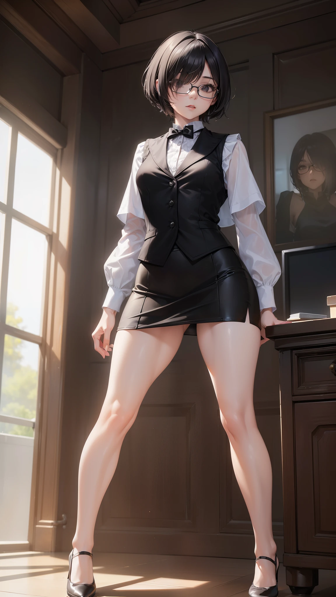 (((((middle  woman))))), masterpiece, ultra detailed, 8k portrait, RAW photo, portrait photography, highly detailed face, 1 woman, (((((standing spread legs))))), 33 years old, (((((tall))))), (((small eyes))), glasses, (((black very short cut hair))), (((hair over one eyes))), (((white skin color))), (Office lady suits:1.5), long sleeves dress shirt, (black vest:1.5), (micro skirt:1.5), ((black pantyhose)), (((pumps))), Midday Sun, hyper realistic, Body model, ((Small breasts)), Beautiful breasts, (big butt), Long legs, in the office room, Ambient lighting, Shadow details, Camera focus on face, strong breeze, Light fog