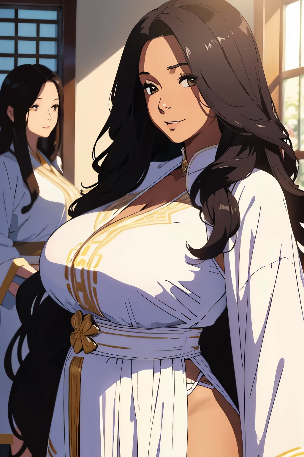 Masterpiece, top quality, 16K UHD,
Three women, smiling,
Warmly lit room,
Detailed facial features,
Medium tan woman with long black hair, big plump breasts, smallest waist, widest hips, widest thighs, big round butt, dressed in white robes, represents the 2nd female,
Sexy Asian and African decent woman with a small round face, detailed expression, clear portrait, long wavy brown hair, large breasts, also dressed in white robes,
Beautiful plus size African American female with long black wavy hair, light brown eyes, small waist, and wide hips and full bust, carmel complexion, dressed in