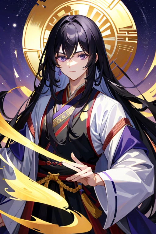 ((Masterpiece:1.2, Best quality)), Man, Long hair, black hair, purple eyes, wearing Chinese royal clothing or hanfu, Chinese royal background