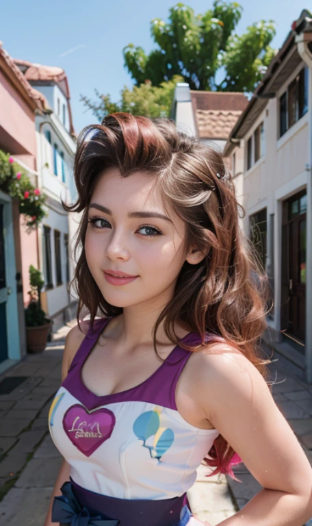 Photo oF a 18 year-old American girl, .CRUDO, beautiFul woman,  ((Cara detallada:1.2)), ((Detailed Facial Features)), (Piel Finamente detallada), pale skin , pecas en mejillas , ojos azules , Small nose, 、un sexy(color fresco), wet, wet, ReFlectoreasutepiece) (proporciones perFectaotos realistas)(La mejor calidad) (Detallado) FotograFiado con una EOS R5 de Canon, lente de 50 mm, F/2.8, NFFSW, (8K) (papel tapiz) (cinematic lighting) (dramatic lighting) (sharp Focus) (Enrevesado) senos grandes , pechos grandes ,cuerpo completo , hermoso cuerpo de adolesente  ,lindo maquillaje , gran sonrisa ,Fondo variado ,  cabello rosa esponjoso , pelo rosa esponjoso ,  mlp , pinkie pie , Equestria girls , vestido elegante