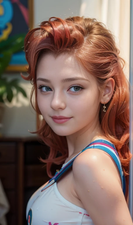 Photo oF a 18 year-old American girl, .CRUDO, beautiFul woman, ((Cara detallada:1.2)), ((Detailed Facial Features)), (Piel Finamente detallada), pale skin , pecas en mejillas , ojos azules , Small nose, 、un sexy(color fresco), wet, wet, ReFlectoreasutepiece) (proporciones perFectaotos realistas)(La mejor calidad) (Detallado) FotograFiado con una EOS R5 de Canon, lente de 50 mm, F/2.8, NFFSW, (8K) (papel tapiz) (cinematic lighting) (dramatic lighting) (sharp Focus) (Enrevesado) senos grandes , pechos grandes ,cuerpo completo , hermoso cuerpo de adolesente ,lindo maquillaje , gran sonrisa ,Fondo variado , cabello rosa esponjoso , pelo rosa esponjoso , mlp , pinkie pie , Equestria girls , vestido elegante