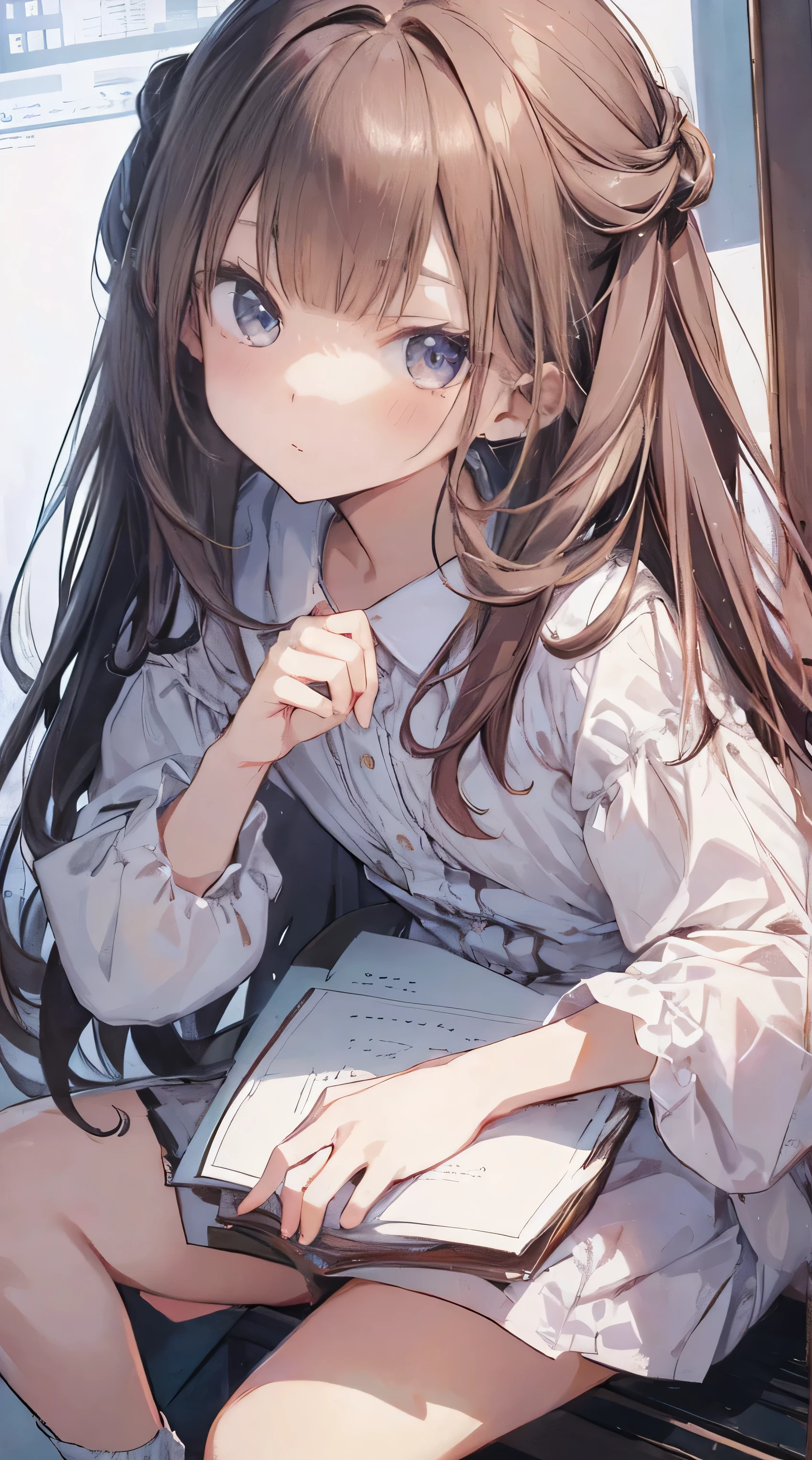 Masterpiece、Highest quality、highest quality、(((Lori)))、 ((((Petite))))、Shiny hair quality、Small face、Sitting、Super detailed, beautiful, wide eyes、Ultra-detailed, clear and beautiful faces、(cute illustration:1.2), High-resolution, ultra-detailed, best quality, embarrassed