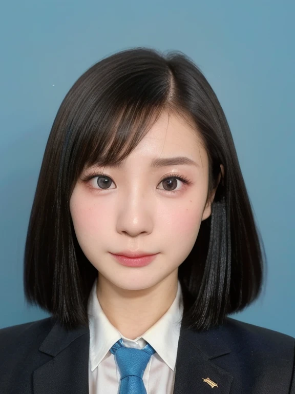 (kawaii 24 year-old Japanese girl, Nogizaka idol, Korean idol), (glossy black hair, very short hair, hair length must be symmetric:1.3), (rounded face, single eyelid, no makeup, serious expression:1.2), (wearing suit jacket, collared shirt, necktie:1.3), (extra small breasts:0.9), (looking at viewer:1.2), BREAK, (simple blue background, yearbook background:1.3), (portrait, id photo, bust shot, view from vertically straight forward:1.3), BREAK, (masterpiece, best quality, photo realistic, official art:1.4), (UHD, 8K quality wallpaper, high resolution, raw photo, golden ratio:1.3), (shiny skin), professional lighting, physically based rendering, award winning, (highly detailed skin, extremely detailed face and eyes), Carl Zeiss 85 mm F/1.4, depth of field, 1girl, solo,