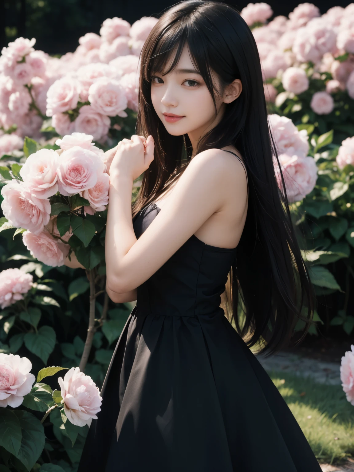 (ultra realistic) , (illustration), (increase resolution), (8K), (extremely detailed), (best illustration), (beautiful detailed eyes), (best quality), (ultra-detailed), (masterpiece), (wallpaper), (detailed face), solo,1 girl, looking at viewers, black straight hair, delicate details, in the dark, deep shadow, low key, pureerosfaceace_v1, happy smile, summer dress, full body, flower garden