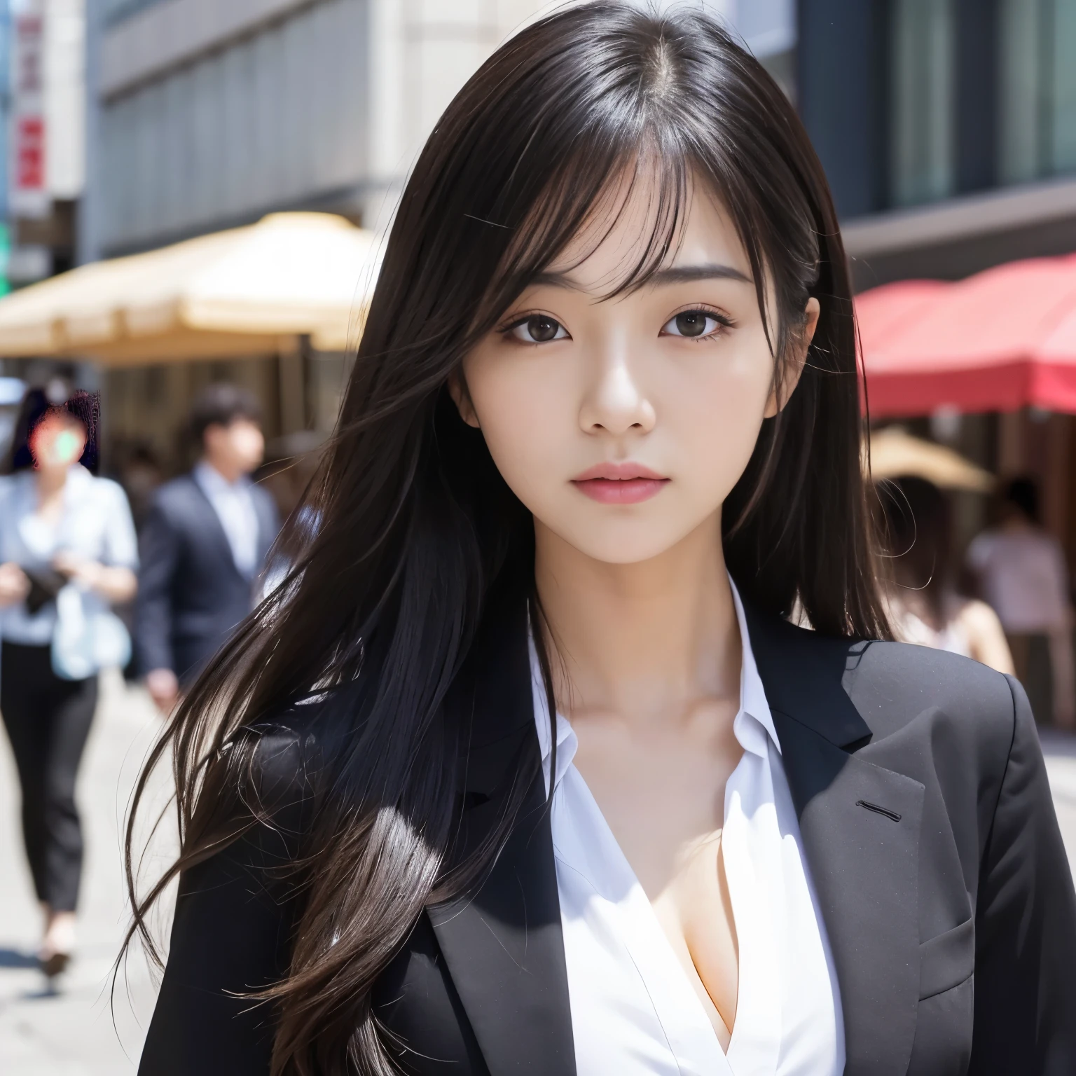 Best-quality, Masterpiece, Ultra-High-Resolution, (Photorealistic:1.4), Raw-Photo, 1girl, 18-years-old, the most famous Japanese actress, sunny-day, at HIROSHIMA street, wearing extremely luxurious business-suit, ((extremely beautiful face like the most popular Japanese actress, ((extremely beautiful big-black-eyes)), extremely beautiful hair, extremely beautiful lips, extremely beautiful skins)), detailed sunny-day, detailed HIROSHIMA-street, detailed extremely-luxurious-business-suit