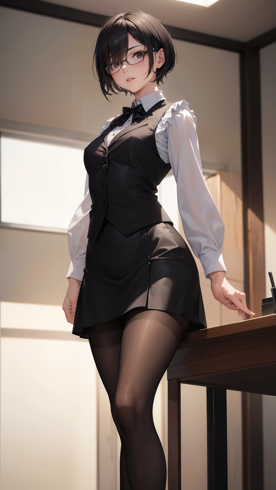 high quality、最high quality、masterpiece、8K、surreal、That&#39;s ridiculous、1 girl、完璧なcute女の子、cute、short hair、happy smile、shiny skin、(nice leg line:1.3)、beautiful thighs、big breasts thin waist、huge breasts 、fluffy chest、uniform、tie、(pencil skirt)、pantyhose、office room、Depth of bounds written、look at the audience、standing、From the side、sexy legs、 --automatic