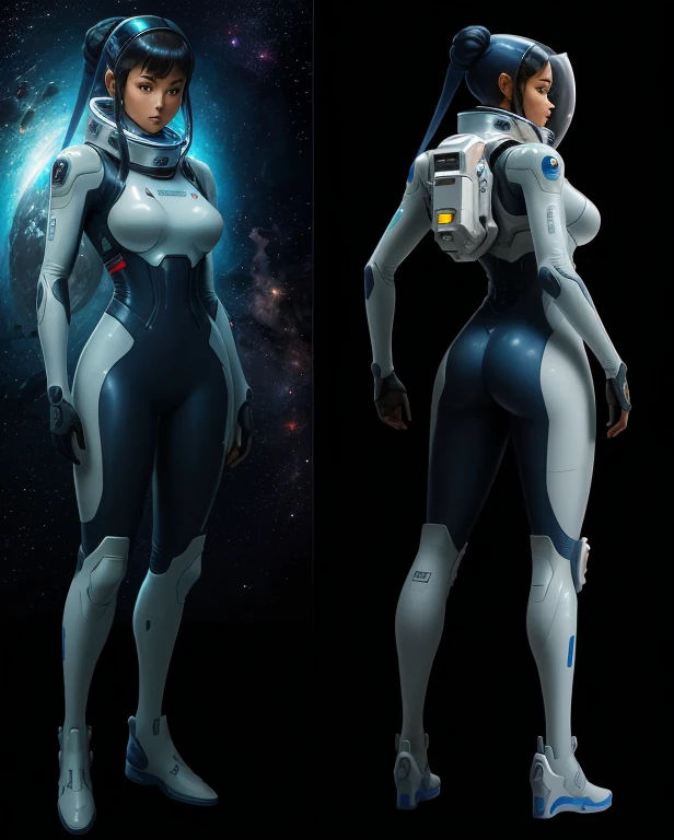 there is a picture of a woman in a space suit, fully space suited, detailed full body concept art, eva unit-00 in the back, futuristic starship crew member, clothed in space suit, scifi character, full body concept art, clothed in cyber armour, space pressurized suit, full portrait of electromancer, full body concept
